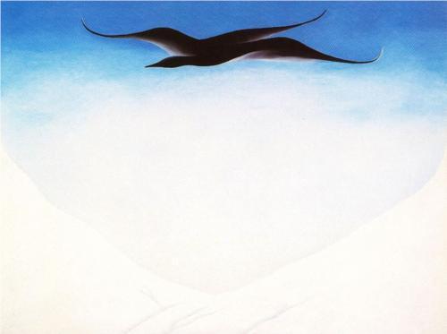 A Black Bird With Snow Covered Red Hills